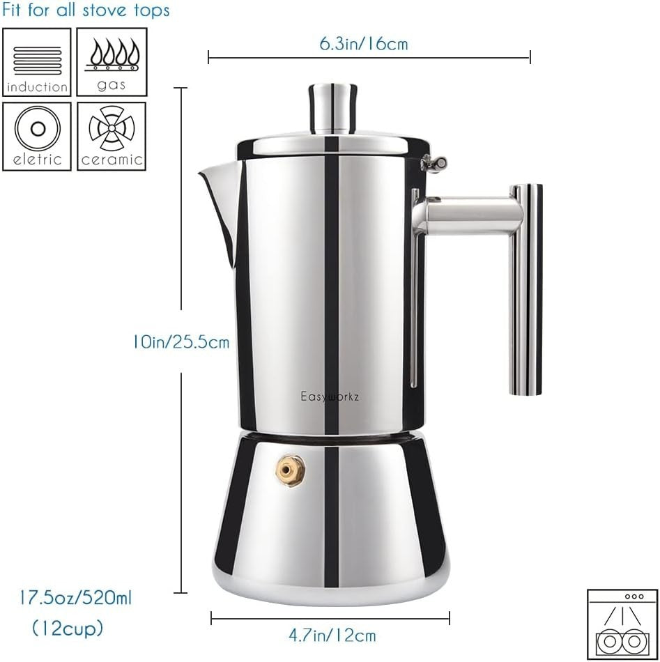 Diego 12-Cup Moka Pot - Stylish Stainless Steel Espresso Maker for All Stovetops