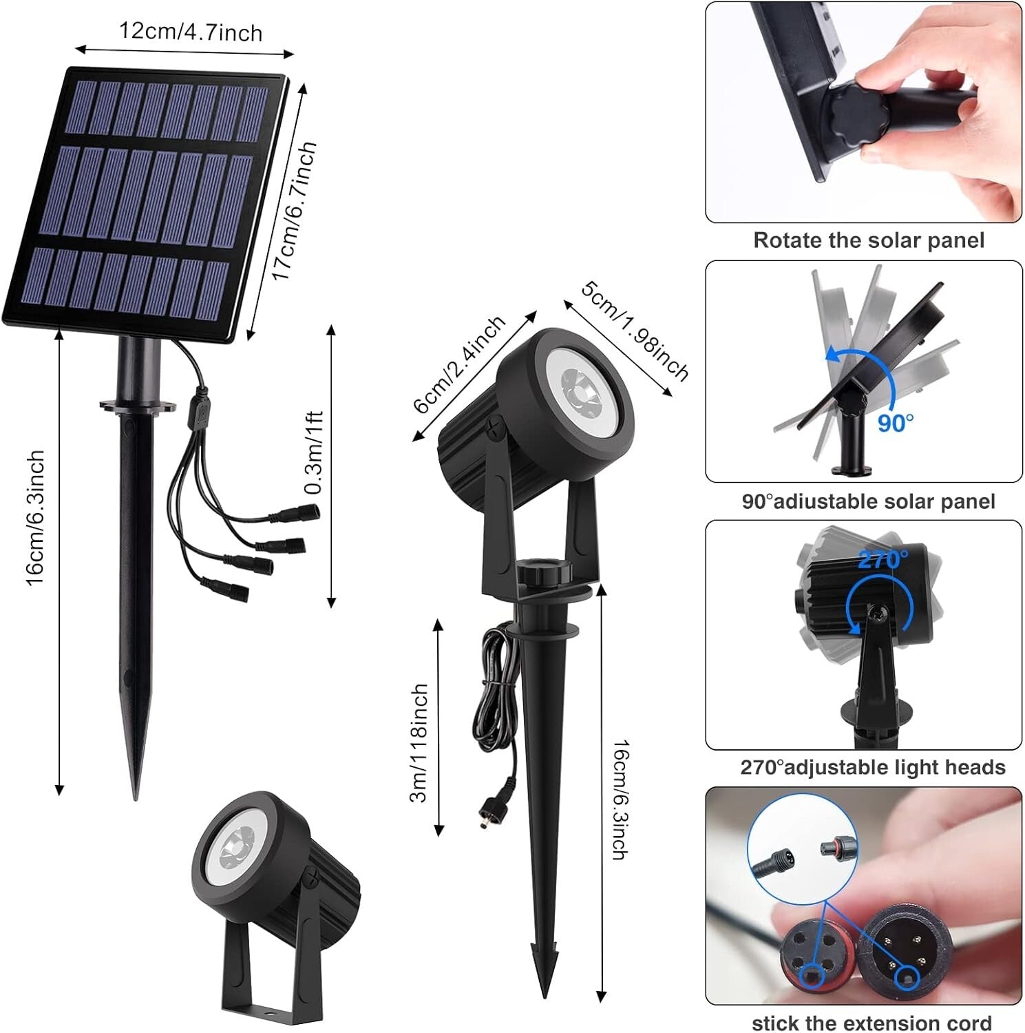 270° Adjustable Solar Spot Lights with 5W Panel - Perfect for Patios and Gardens