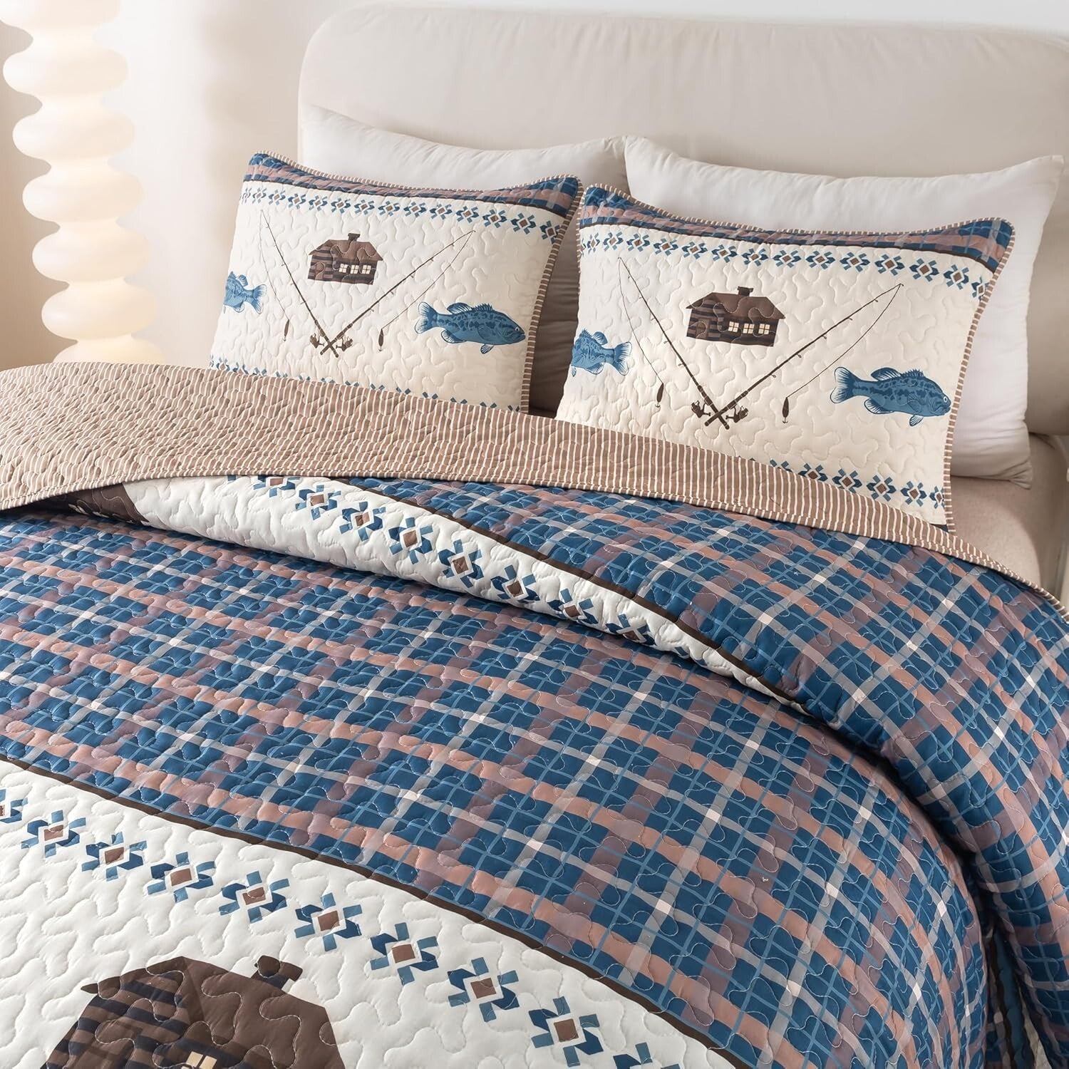 Reversible Twin Gone Fishing Quilt with Sham - Cozy Outdoor Themed Bedding