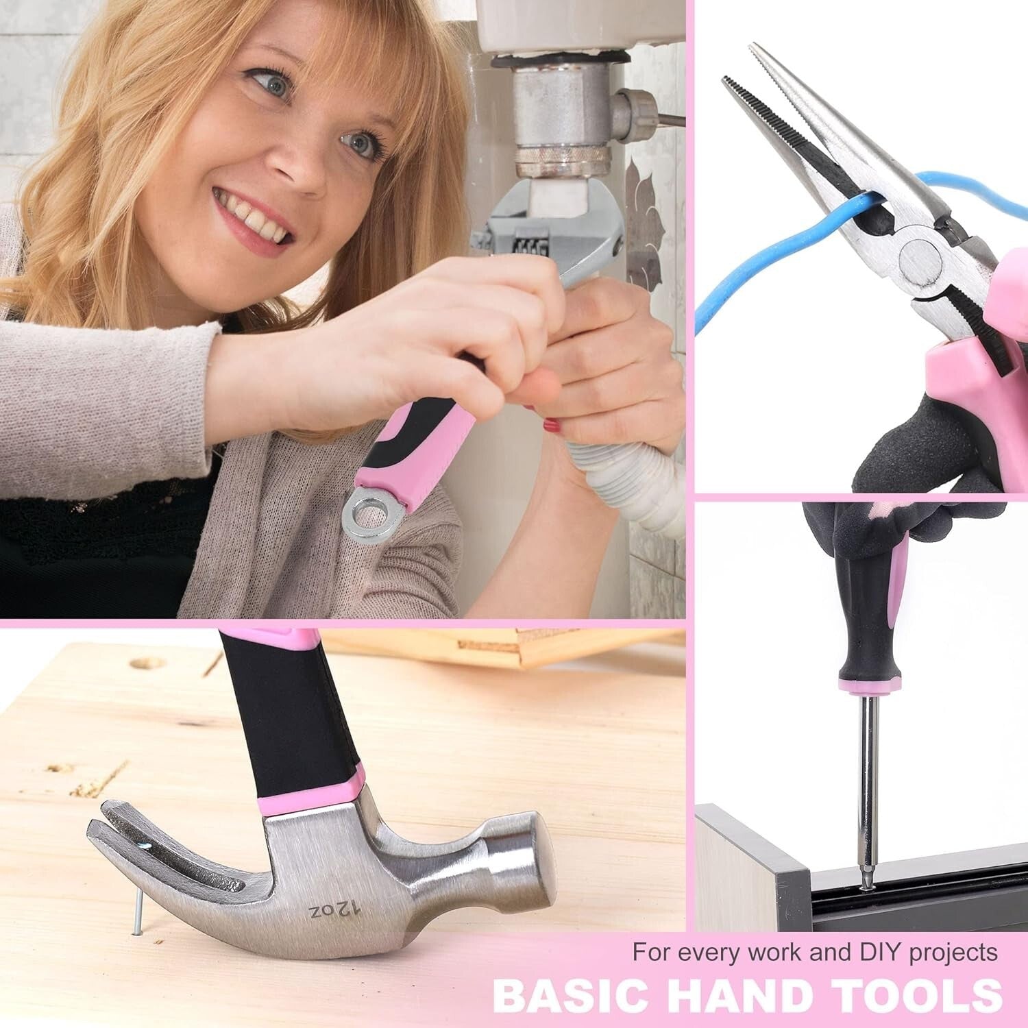 Complete Pink Tool Set - 220 Pieces with 12-Inch Storage Bag for Women
