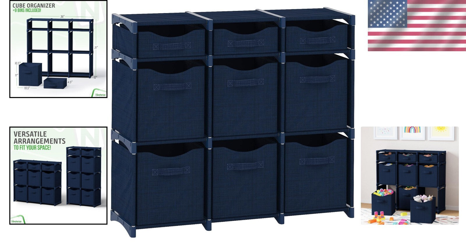 9 Cube Navy Organizer with Foldable Bins - Effortless Style for Kids' Rooms