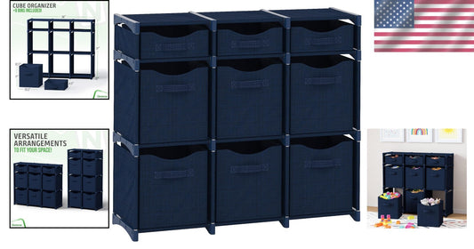 9 Cube Navy Organizer with Foldable Bins - Effortless Style for Kids' Rooms
