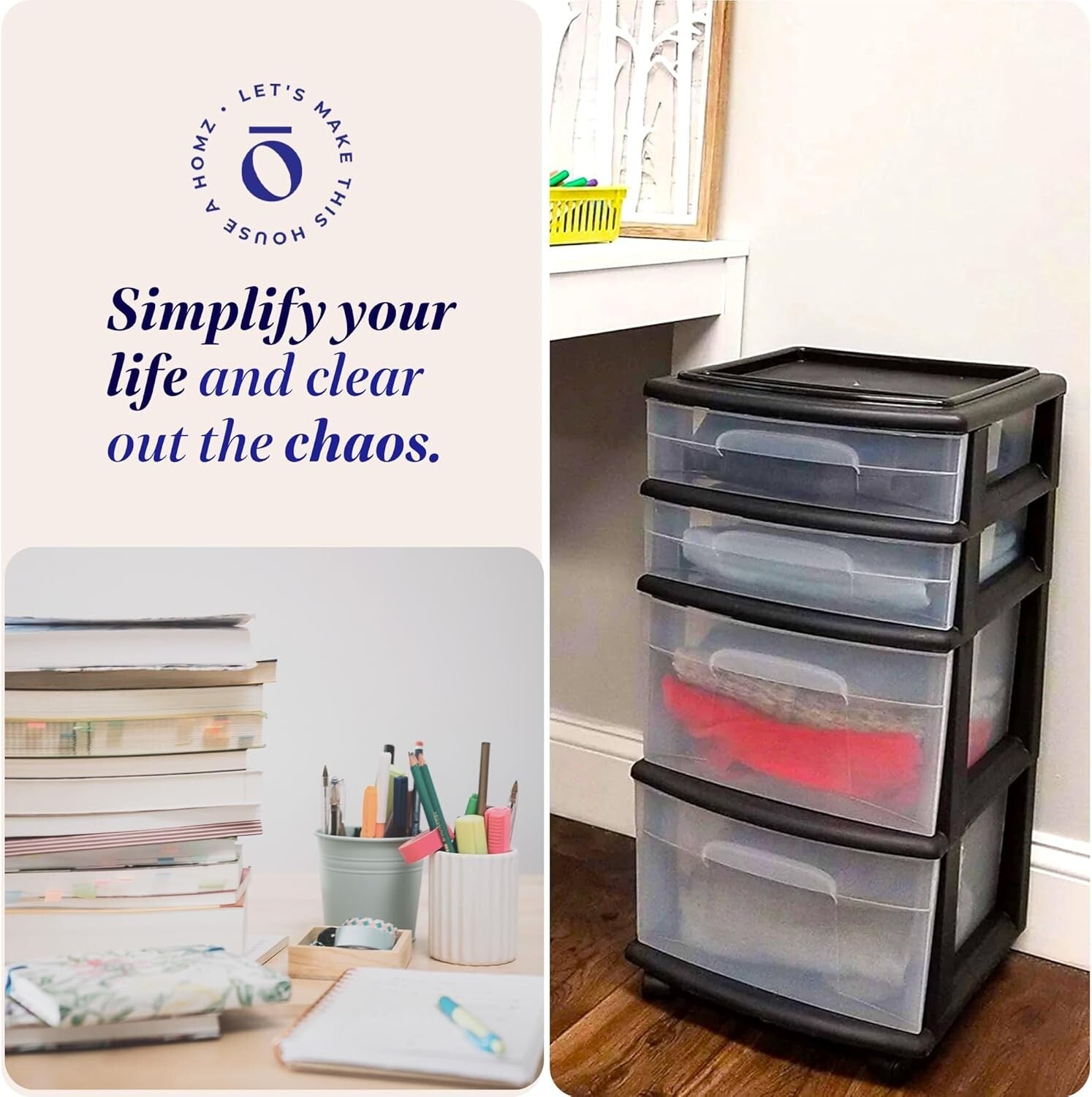 Compact 4-Drawer Plastic Storage Cart with Black Frame - No Assembly Needed