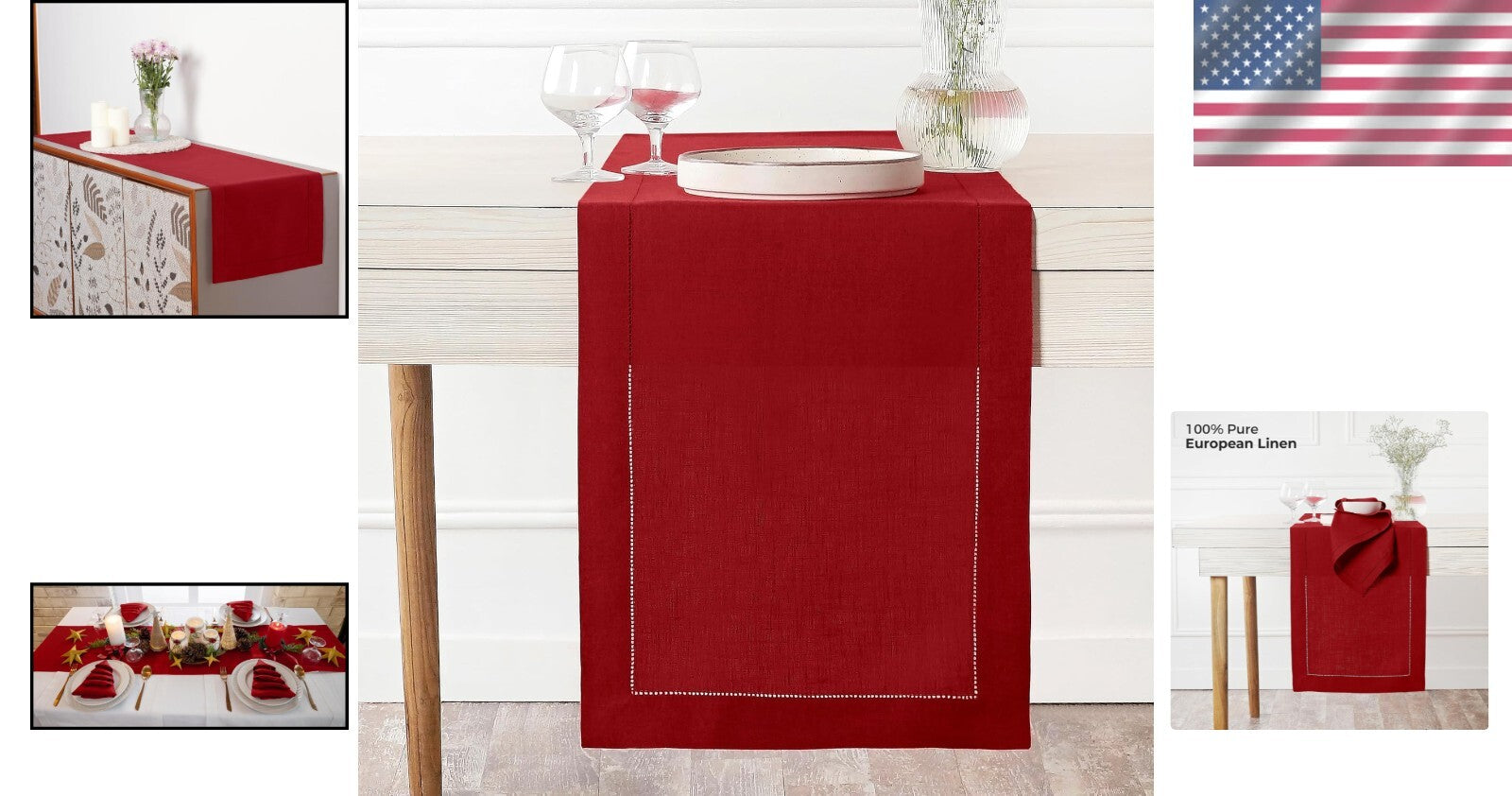 14x120 Inch Luxe Red Linen Table Runner - Classic Hemstitch, Perfect for Easter