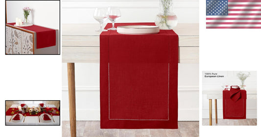 14x120 Inch Luxe Red Linen Table Runner - Classic Hemstitch, Perfect for Easter