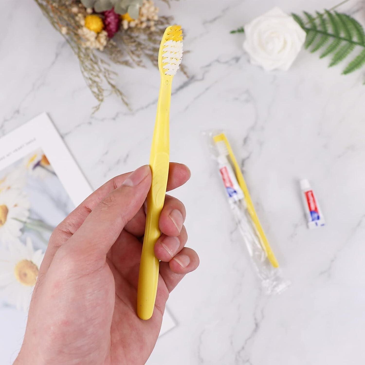 Economical 300 Pack Yellow Disposable Toothbrushes with Toothpaste for Charities