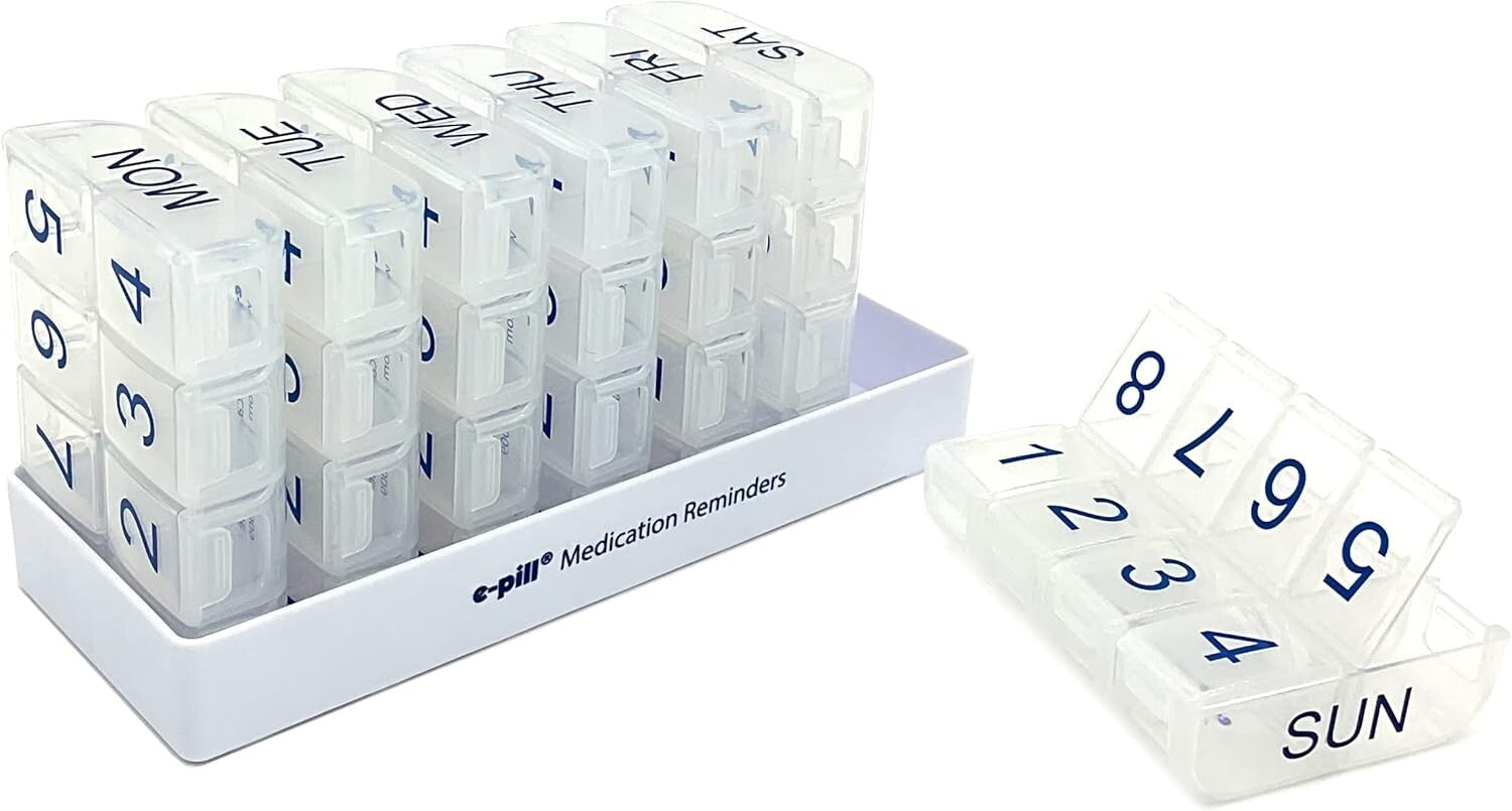 8x7 Large Weekly Pill Organizer - 56 Compartment Clear Pillbox for Travel & Home