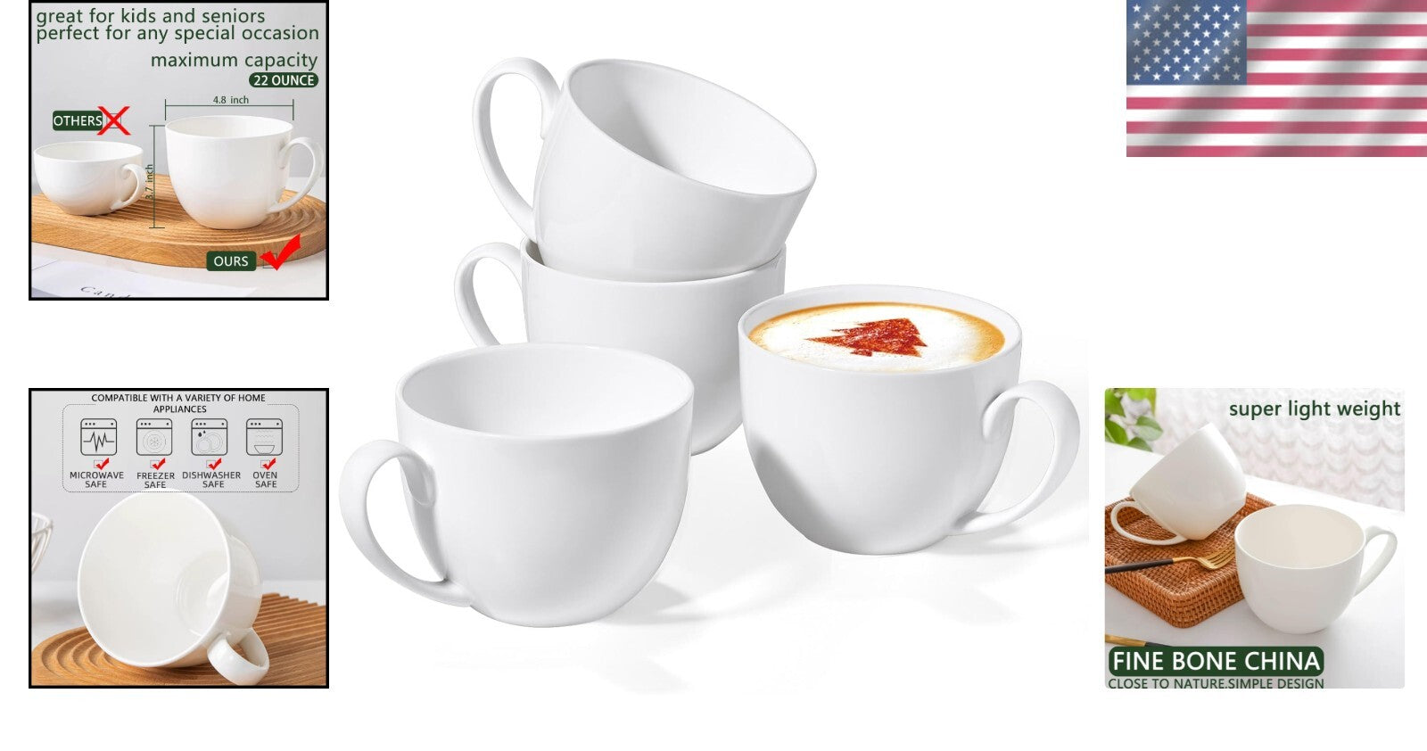 Versatile 4-Piece Bone China Cereal Mug Set - Ideal for Coffee & Snacks