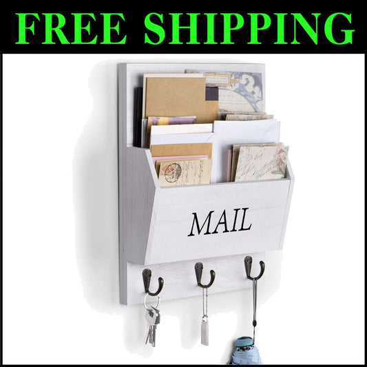 Vintage Wooden Mail Sorter with 3 Hooks - Effortless Wall Mount Organization