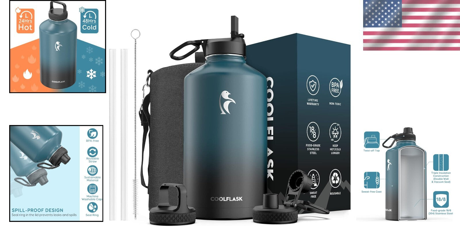 128 oz Stainless Steel Water Bottle - Travel-Ready with Flexible Drinking Lids