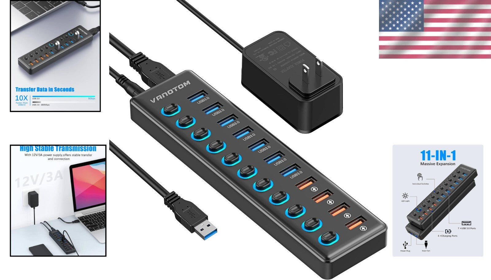 Powered 11-Port USB Hub 3.0 Splitter with Smart Charging & Individual Switches