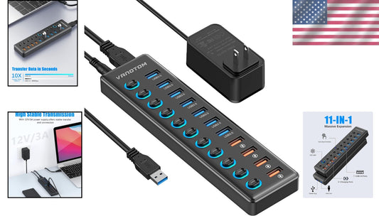Powered 11-Port USB Hub 3.0 Splitter with Smart Charging & Individual Switches
