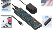 Load image into Gallery viewer, Powered 11-Port USB Hub 3.0 Splitter with Smart Charging &amp; Individual Switches