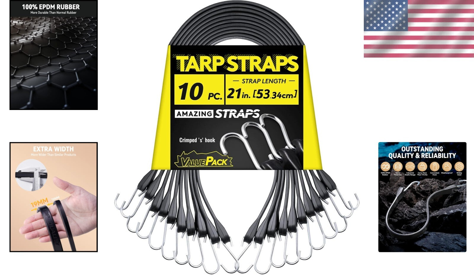 41'' Adjustable Heavy Duty Bungee Cords with S-Hooks - 176 lbs Load, 10 Count