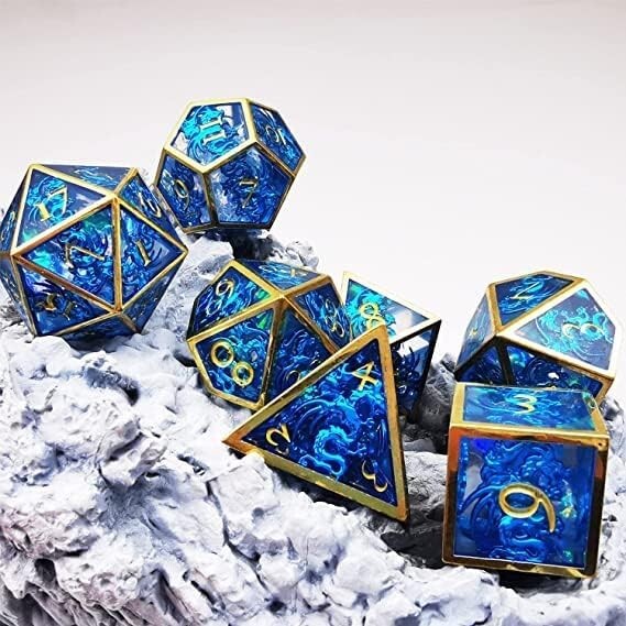 Eco-Friendly Blue Dragons Polyhedral Dice Set - 7 Hollow Metal/Resin Variety