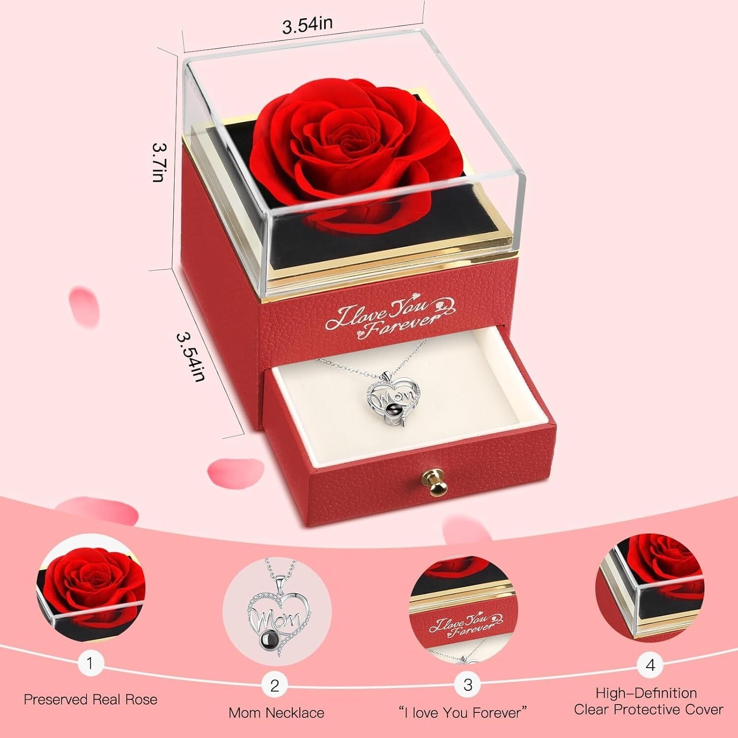 Luxurious Preserved Red Rose & 'I Love You' Necklace - Forever Love Gift for Mom