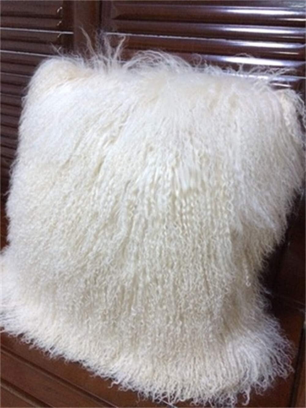 Elegant 16'' x 16'' White Curly Mongolian Lamb Fur Pillow Cover - Home Accent