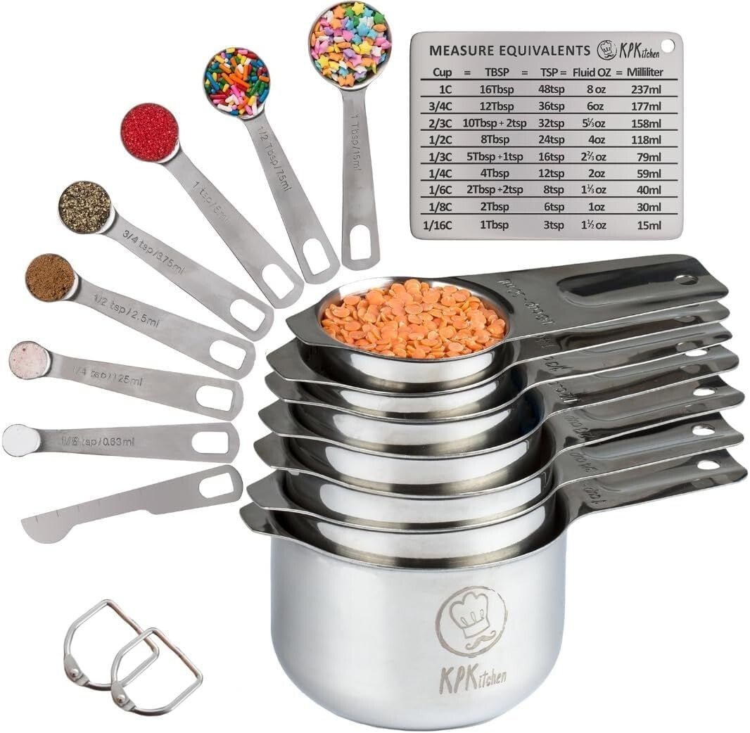 Complete Set of 16 Stainless Steel Measuring Cups & Spoons with Conversion Chart