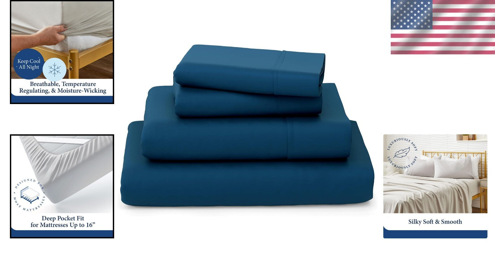 4-Piece Cooling Bamboo Bedding Set - Royal Blue Queen Sheets with Deep Pockets