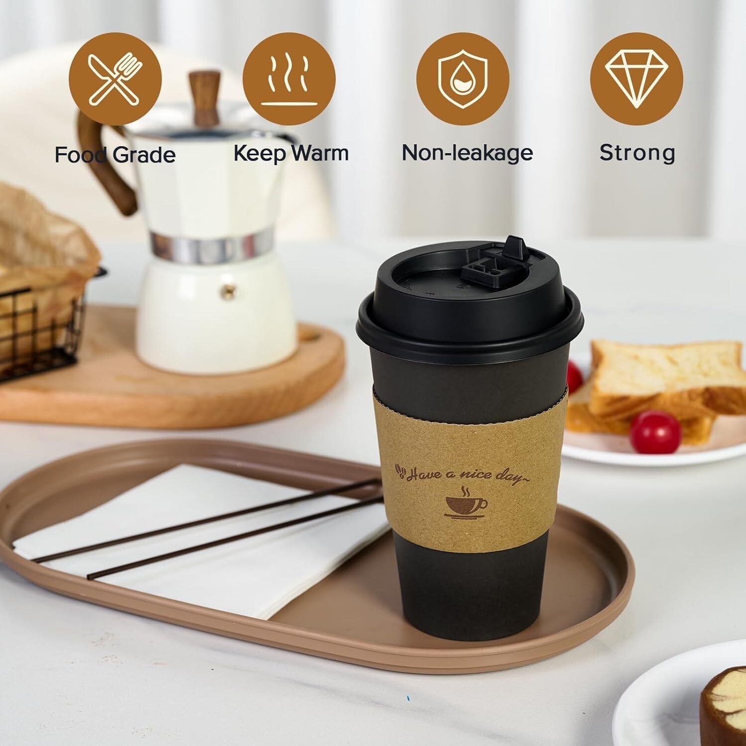 Bulk 500 Black Hot Paper Coffee Cups with Lids and Sleeves for Home & Travel