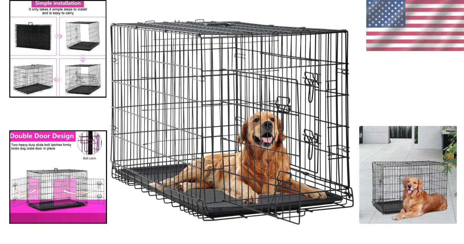 Durable 48-Inch Folding Dog Crate with Double Doors & Removable Tray for Pets