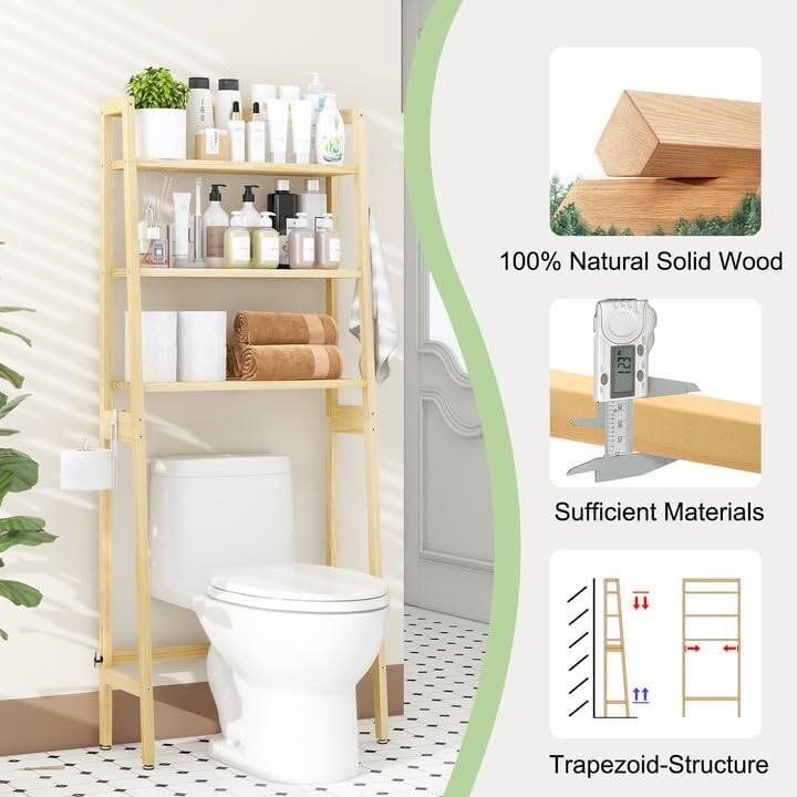 Freestanding Wooden Over-The-Toilet Rack with Adjustable Height & Durable Design