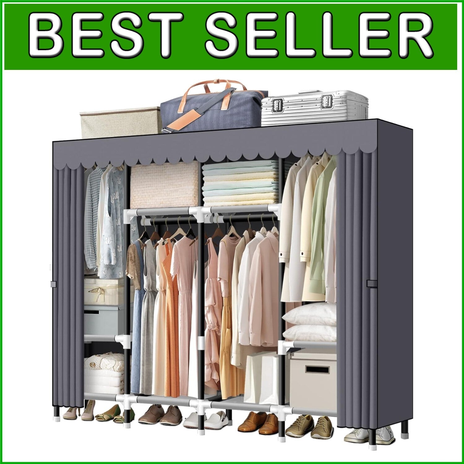 67-Inch Portable Wardrobe Closet with 4 Hanging Rods – Sturdy Steel Tube Design