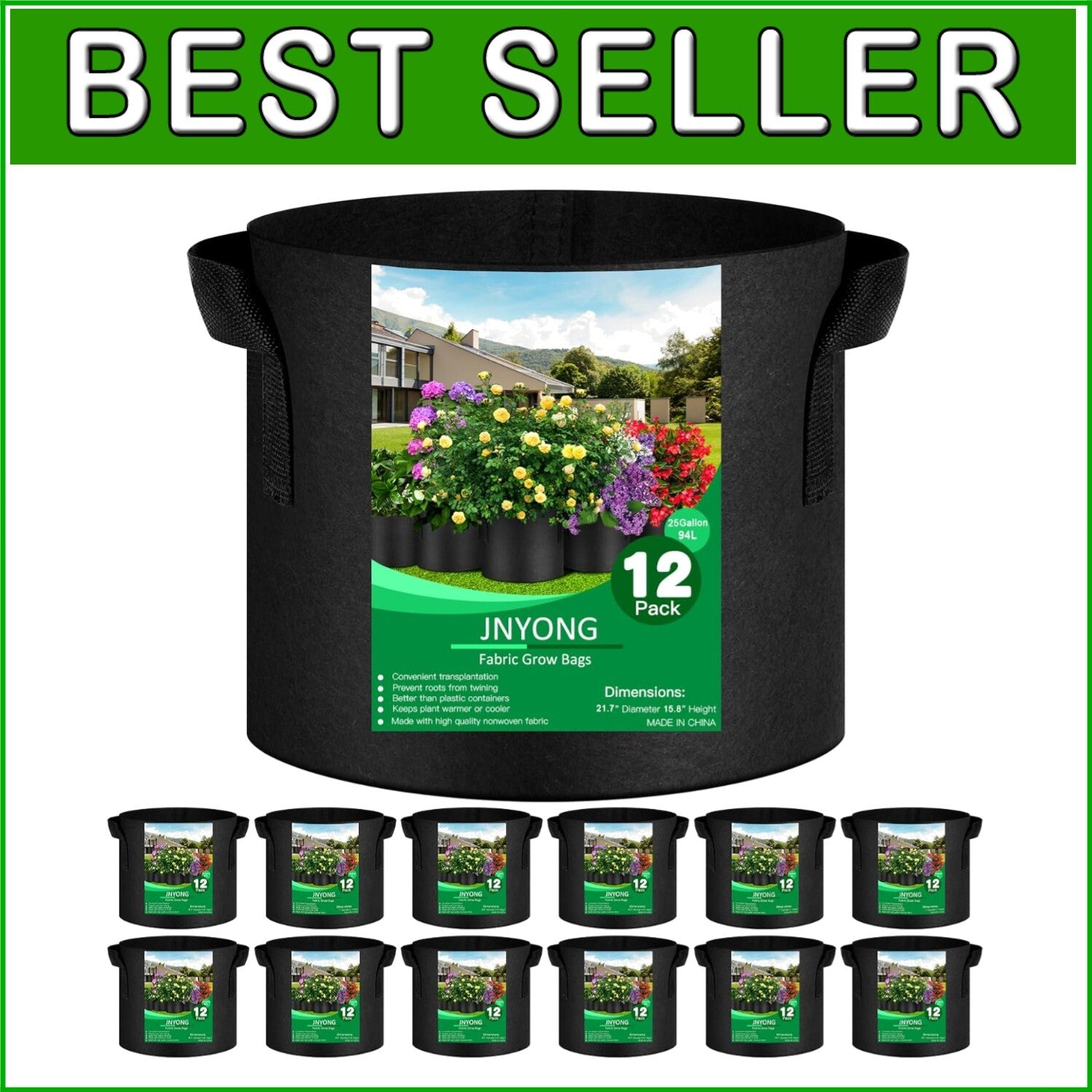 12-Pack of Breathable 25 Gallon Grow Bags with Sturdy Handles for Easy Mobility
