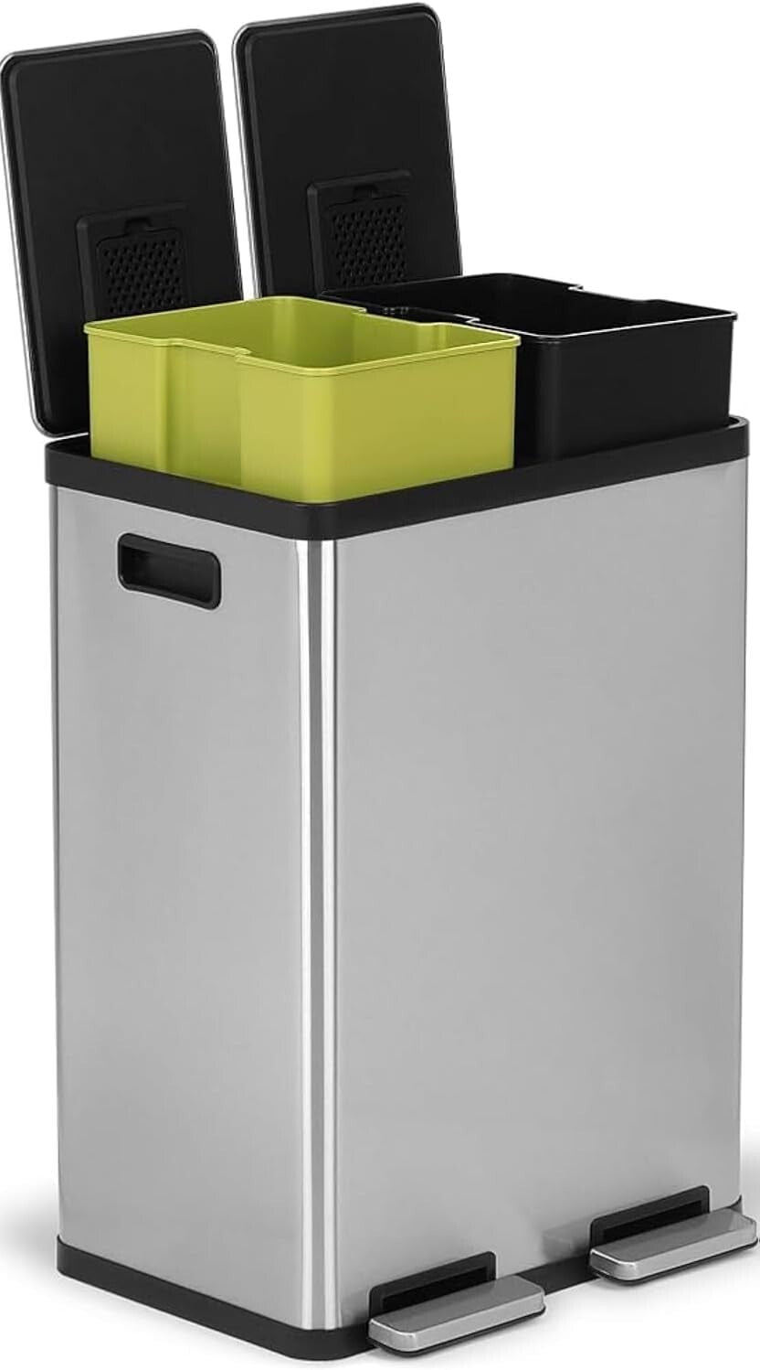 60L Hands-Free Dual Compartment Stainless Steel Recycling Trash Can - Silver