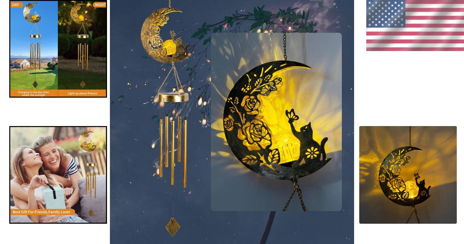 Elegant Solar-Powered Cat Moon Wind Chime - Perfect Gift for Cat Lovers