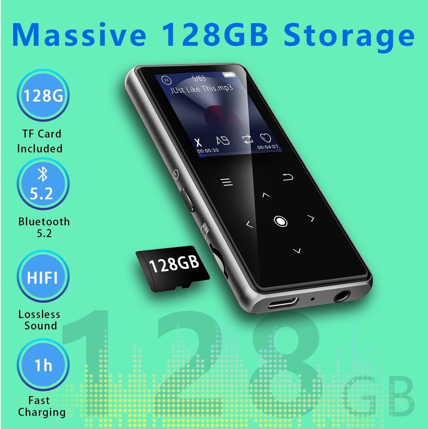 Portable 128GB MP3 Player with Bluetooth 5.2 & Built-in HD Speaker – Great Gift!