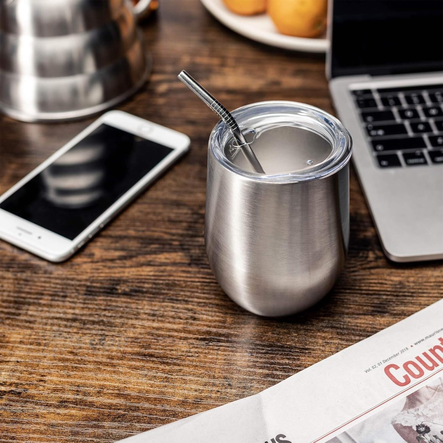 Durable 12oz Silver Stemless Wine Tumblers - Double Wall Insulation, 8 Count