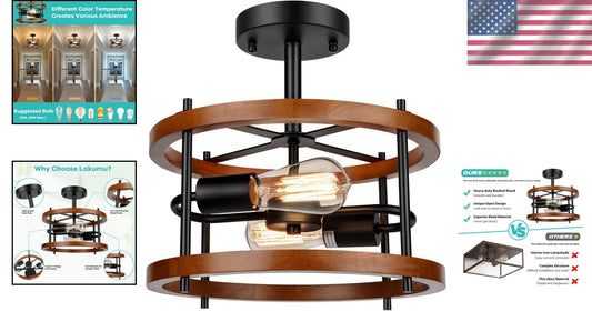 Rustic 2-Light Flush Mount in Vintage Wood & Black Metal - Ideal for Any Room