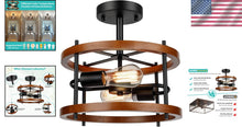 Load image into Gallery viewer, Rustic 2-Light Flush Mount in Vintage Wood &amp; Black Metal - Ideal for Any Room