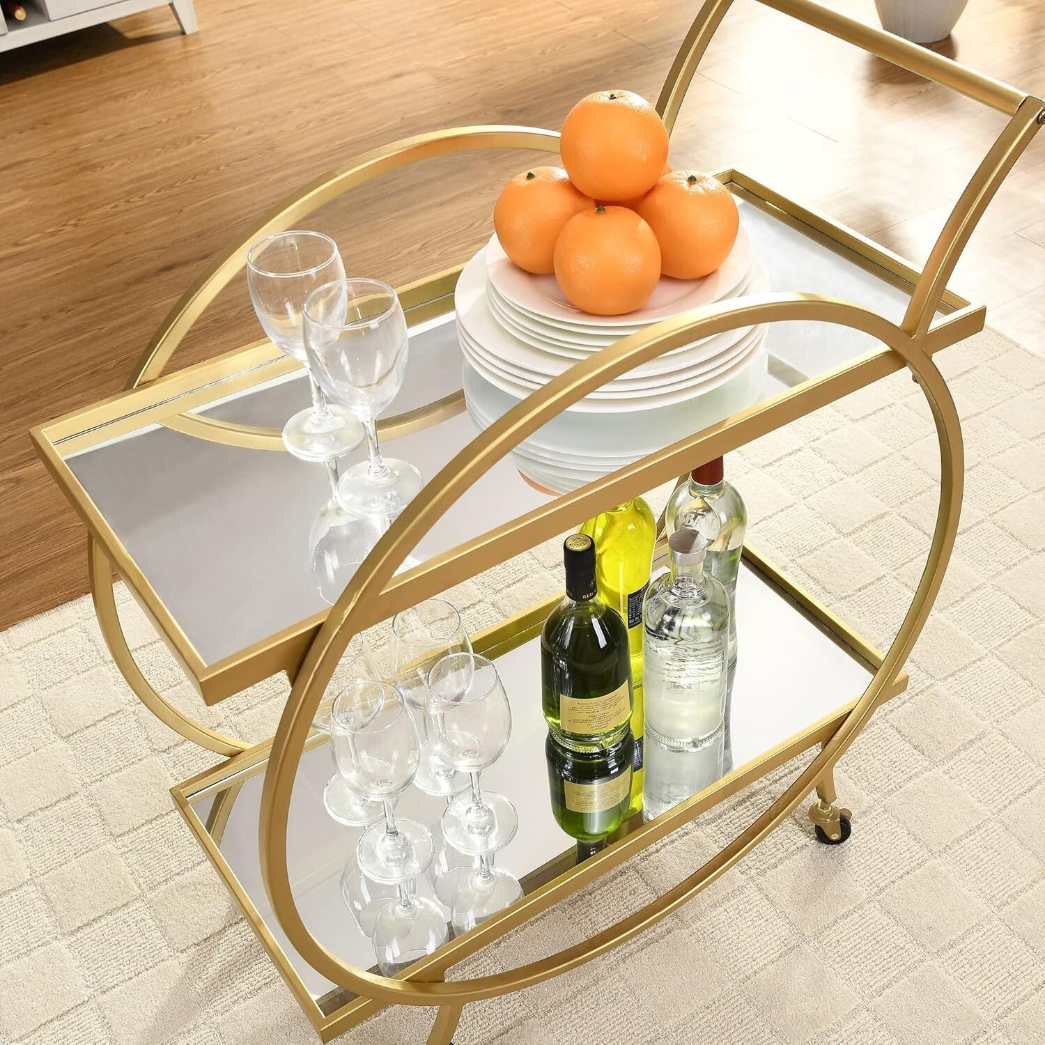 Sophisticated Gold Metal Bar Cart with Mirrors and Locking Wheels - 28 inches