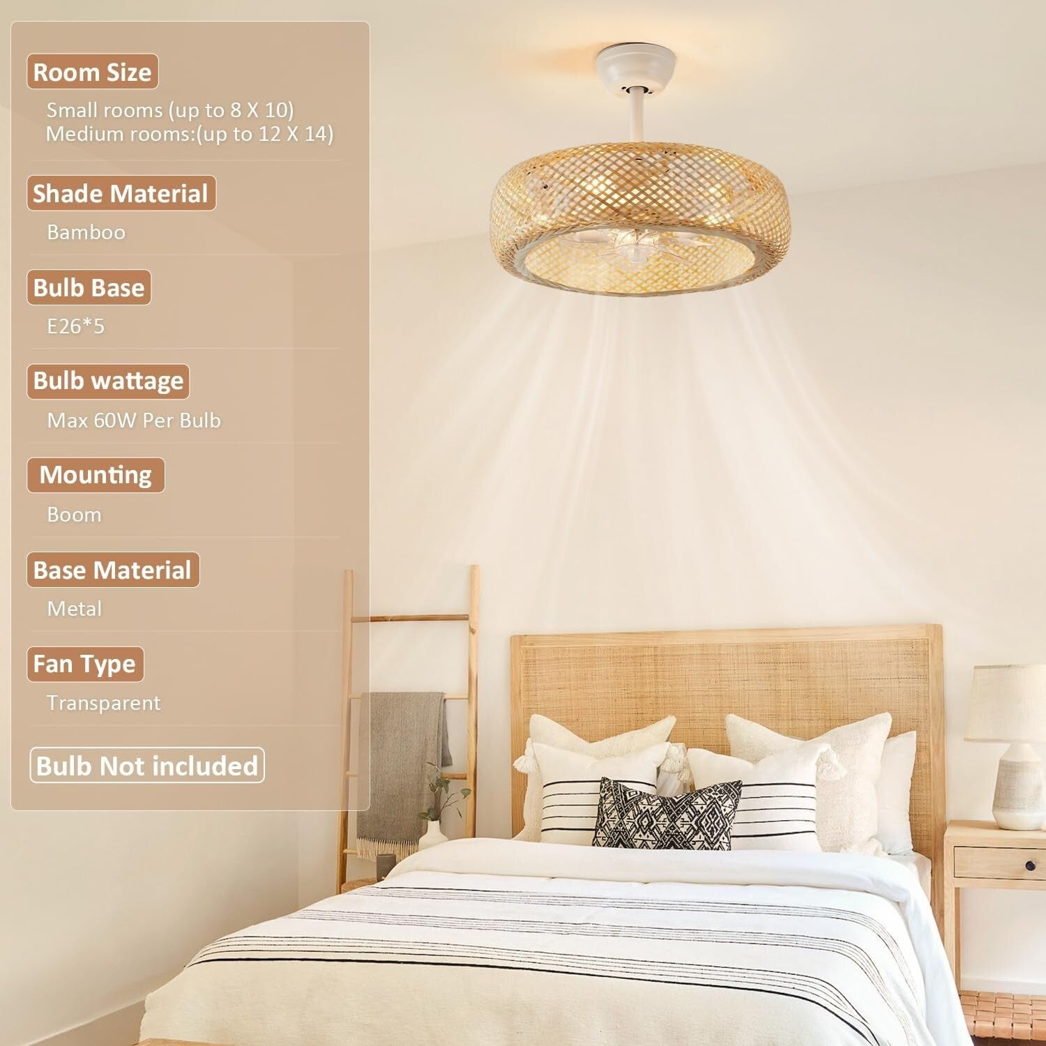 Stylish 20" Boho Rattan Caged Ceiling Fan with Remote Control - Flush Mount