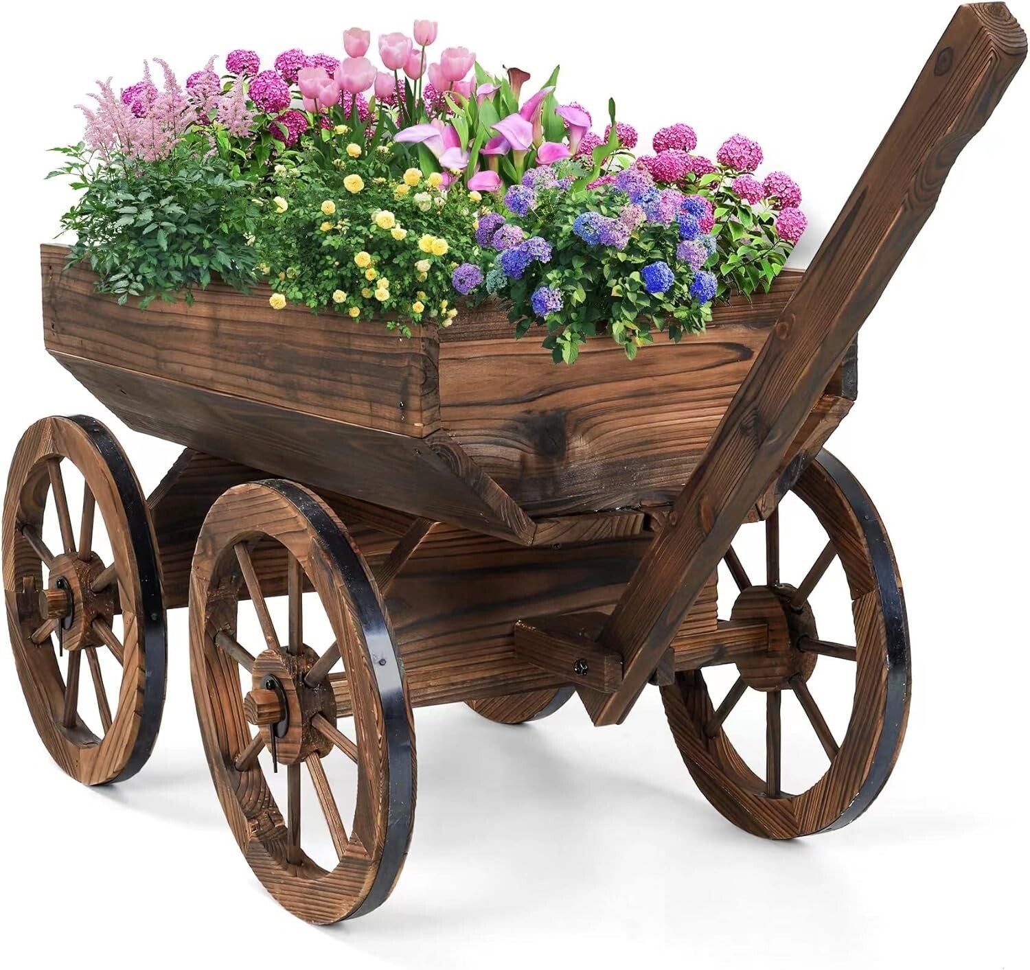Adjustable Wooden Garden Cart with Wheels for Charming Outdoor Flower Display