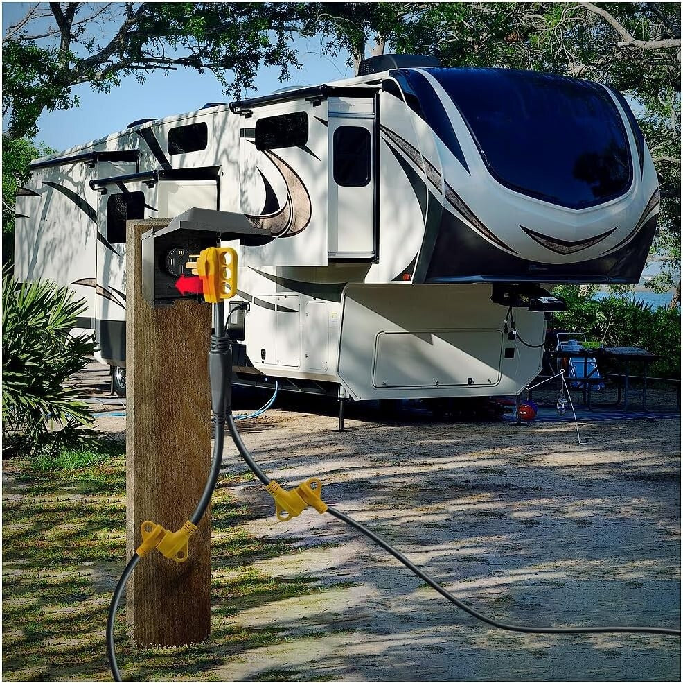 Durable 2.5ft RV Power Adapter: 50A Male to Twin 30A Female with Comfort Grip