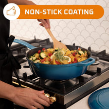 Load image into Gallery viewer, Oven-Safe 5QT Turquoise Cast Iron Frying Pan with Lid &amp; Stainless Steel Handle