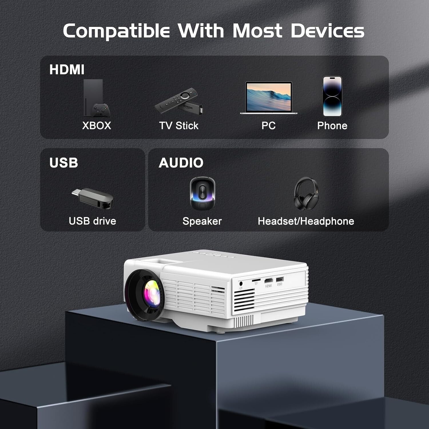 Elegant Home Movie Projector with Crisp 1080P Images & Bluetooth Speakers