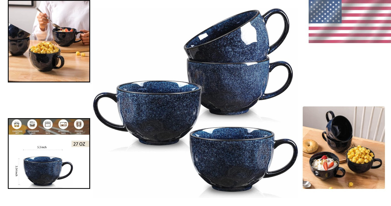 Elegant Blue Porcelain Jumbo Coffee Mugs - 4 Piece Set for Soups and Oatmeal