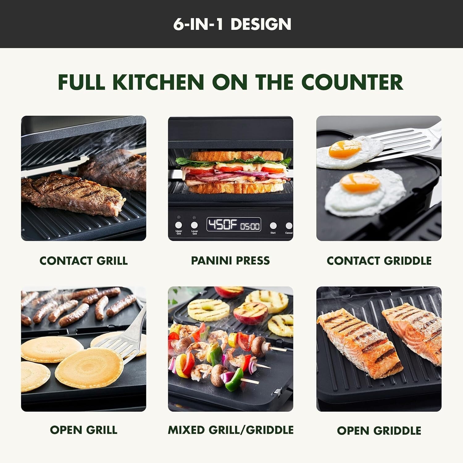 Versatile 6-in-1 Contact Grill & Griddle with Reversible Plates and Dual Heat