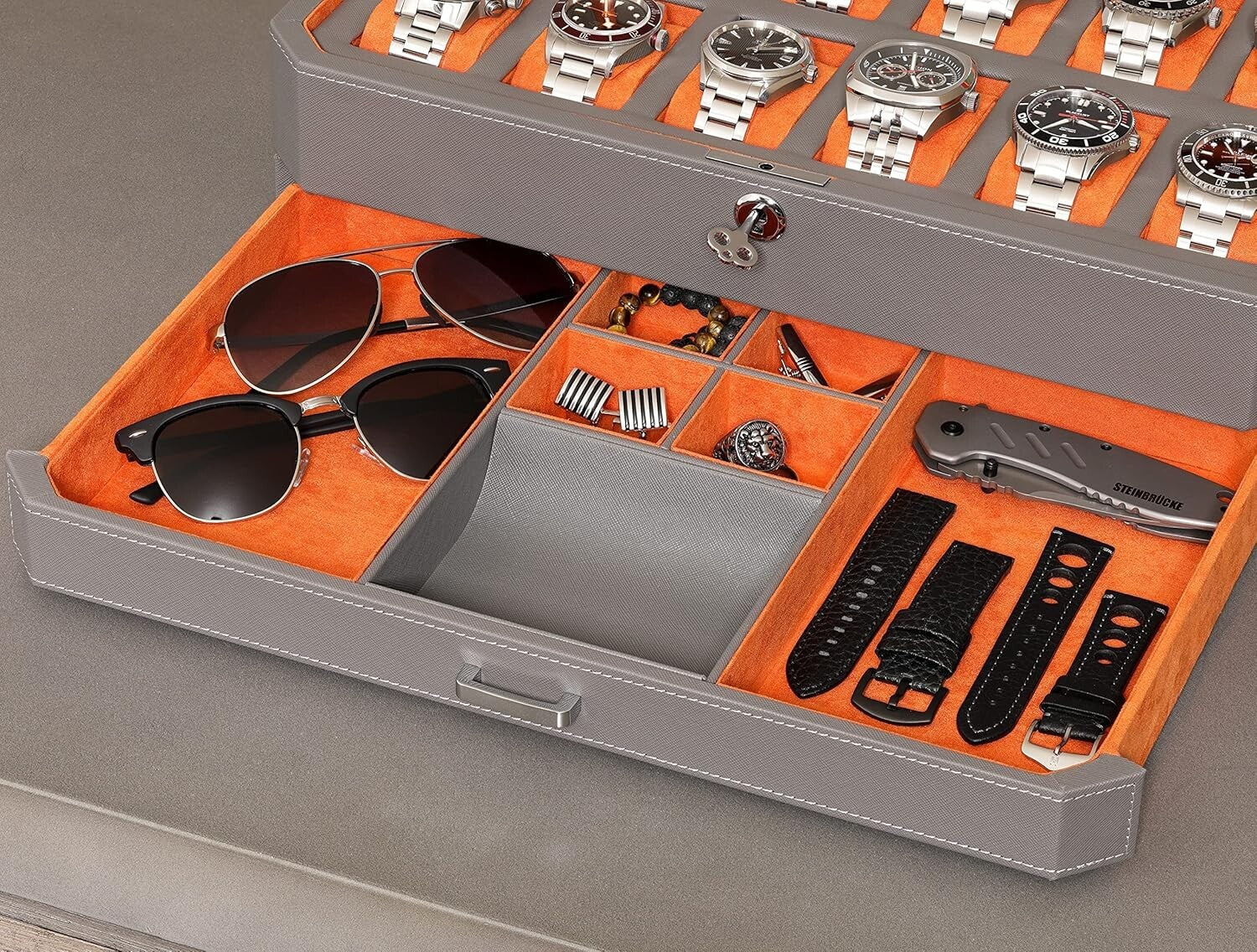 12 Slot Luxury Leather Watch Box with Valet Drawer - Elegant Storage Organizer