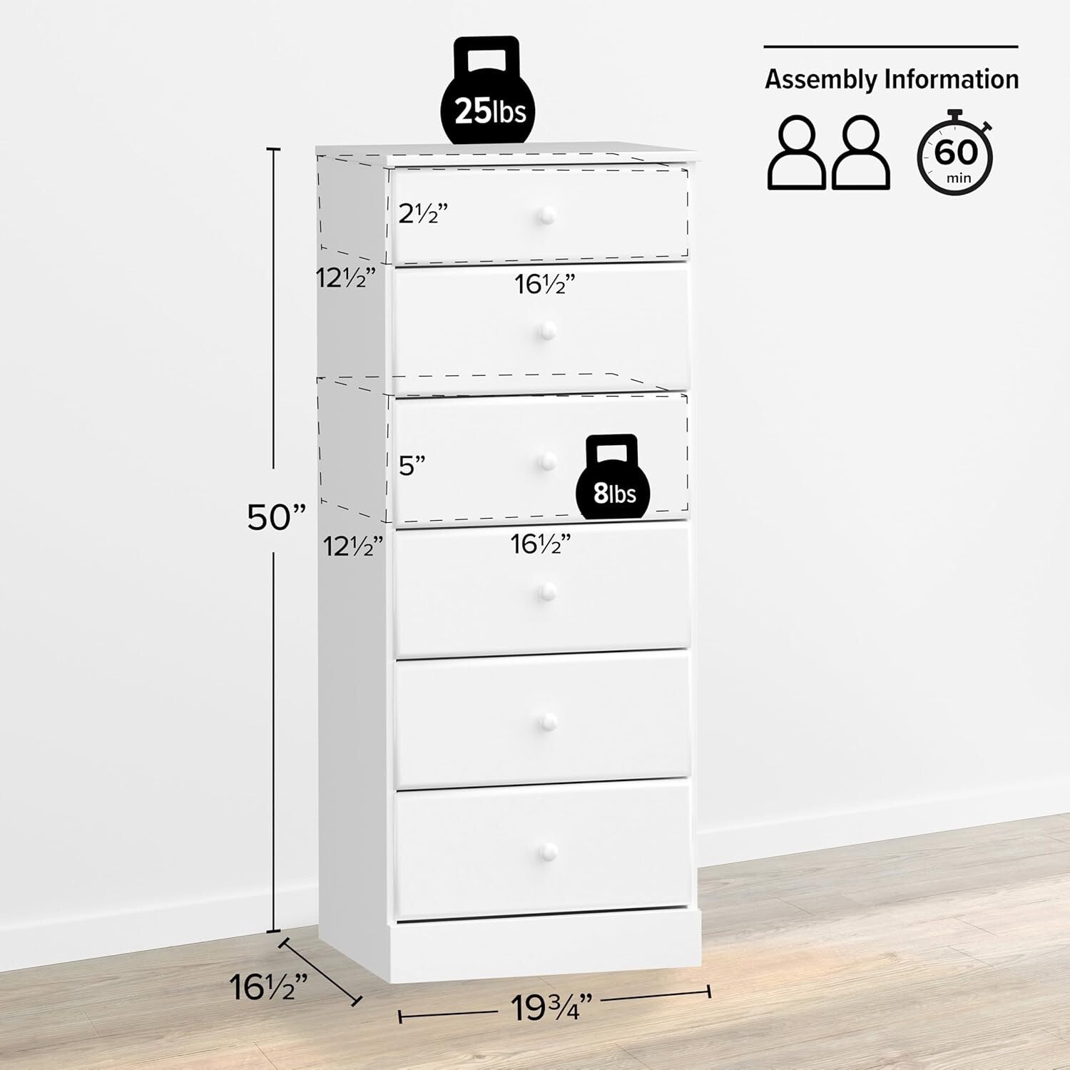 Sleek 6-Drawer White Dresser: Durable Tall Chest Perfect for Organized Bedrooms