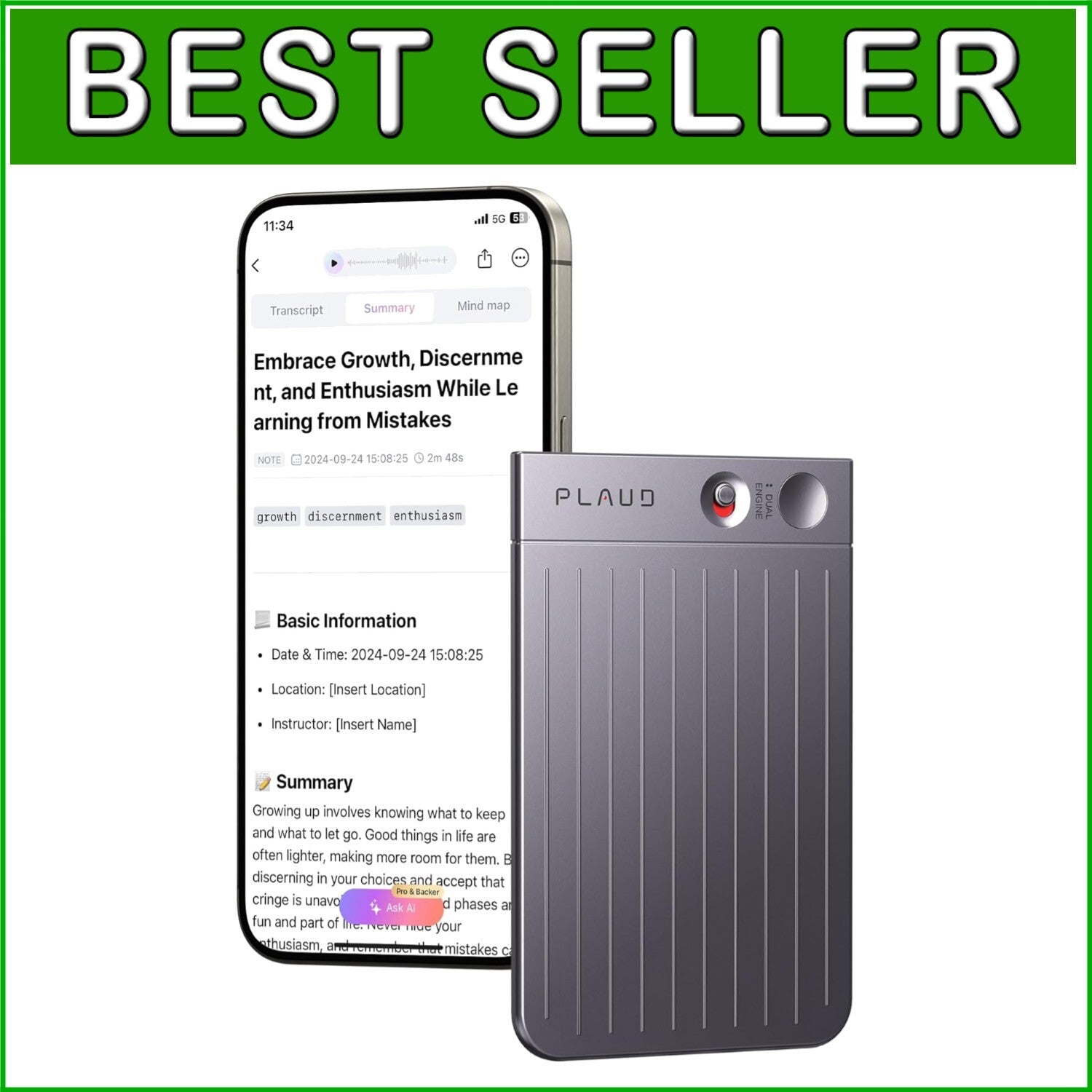 AI Voice Recorder with 64GB Memory & App Control - Precision Transcription Tool