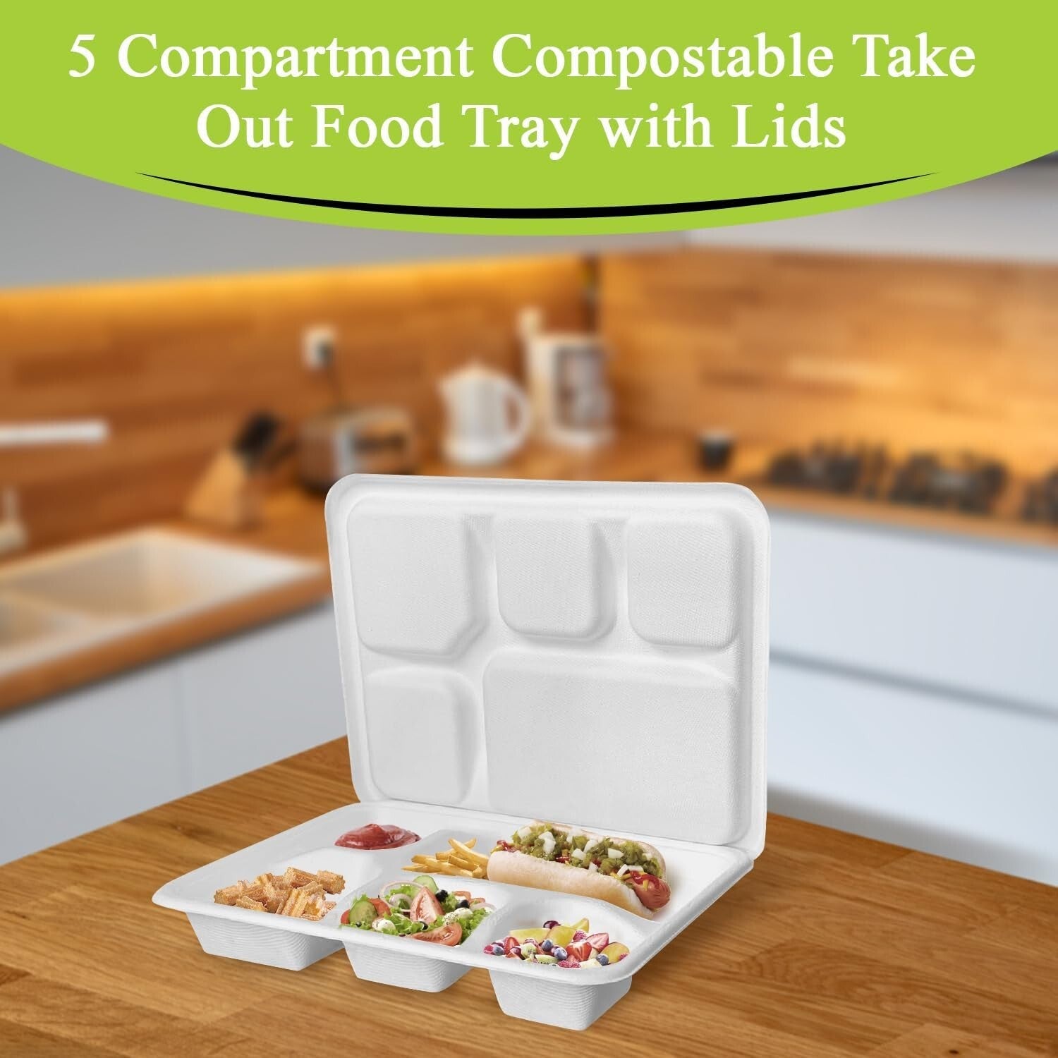Heavy-Duty 5-Compartment Eco-Friendly Meal Tray Set - 200 Biodegradable Plates