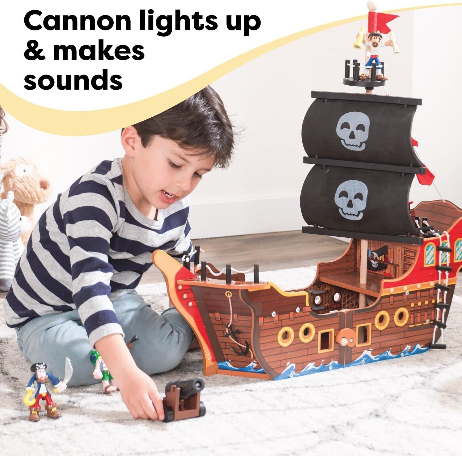 3-Level Wooden Pirate Ship Play Set with Realistic Lights & Sounds for Kids