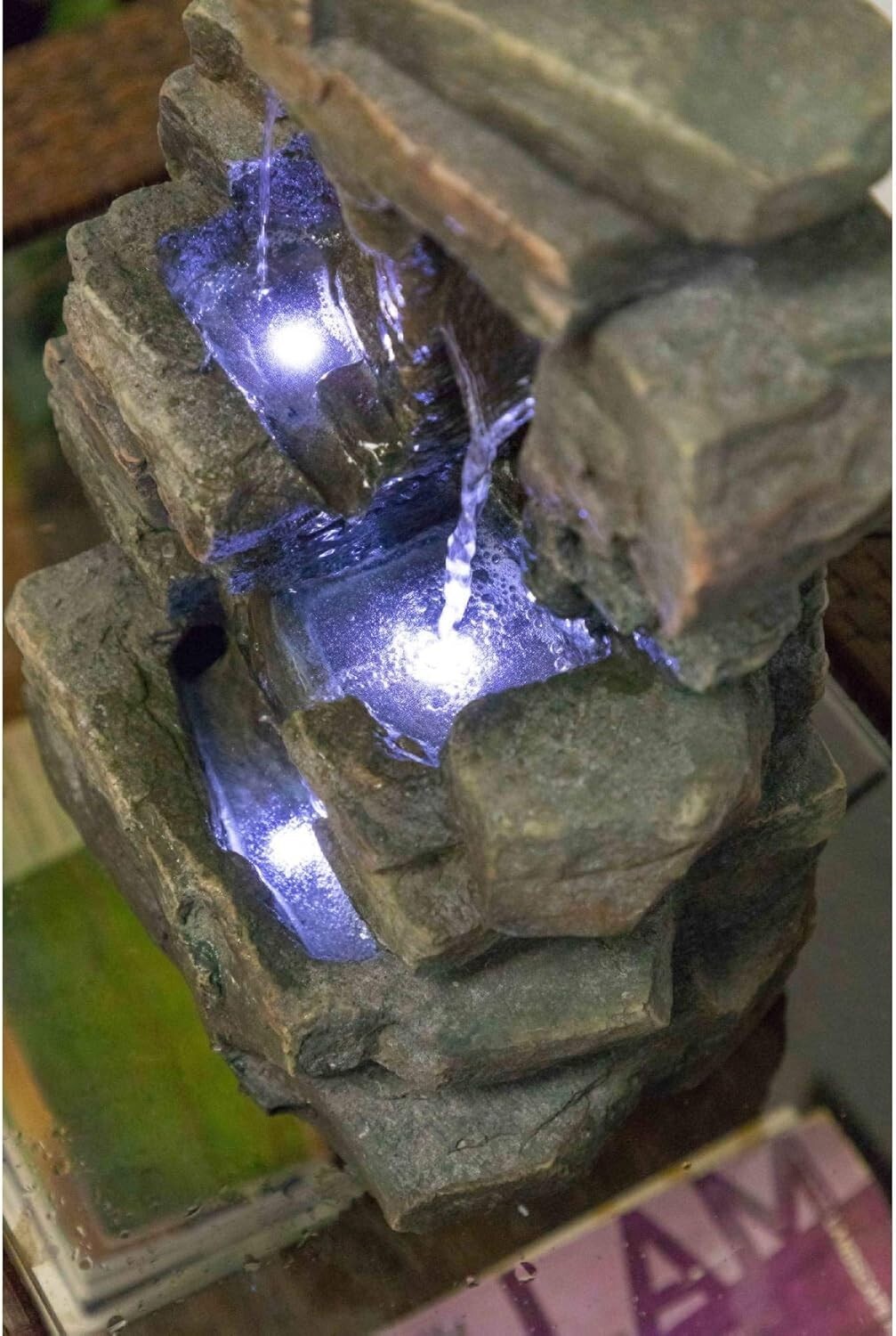 Elegant Gray 4-Tier Water Fountain with LED Lights for Tranquil Ambiance