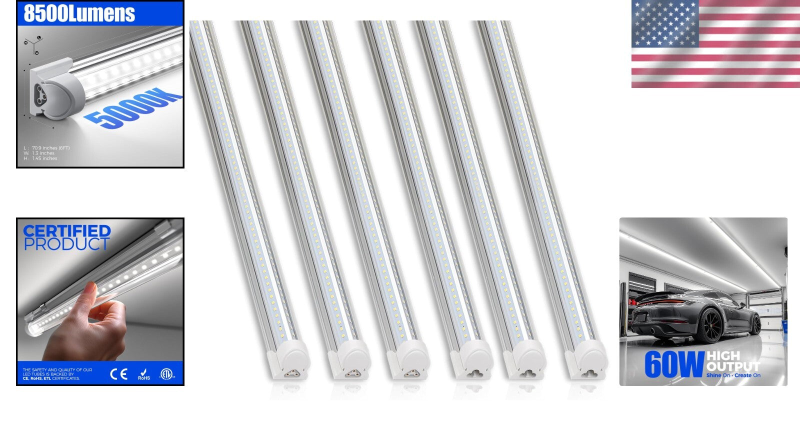 T8 LED Shop Light 6FT, 8500LM, 5000K - Bright Linkable Garage & Workshop Lights