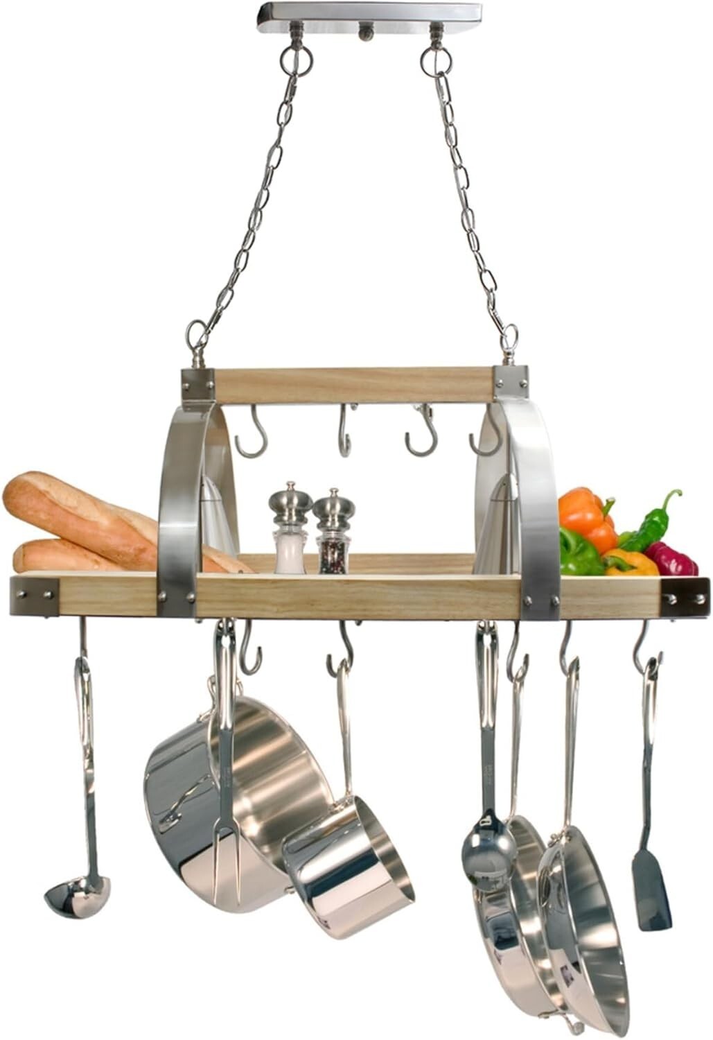 Elegant Wood Pot Rack with Downlights & Brushed Nickel Accents for Kitchens